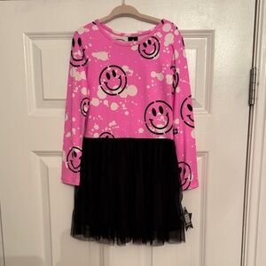 Pixie Lane Pink Smiley Face Dress with Black Tulle Skirt